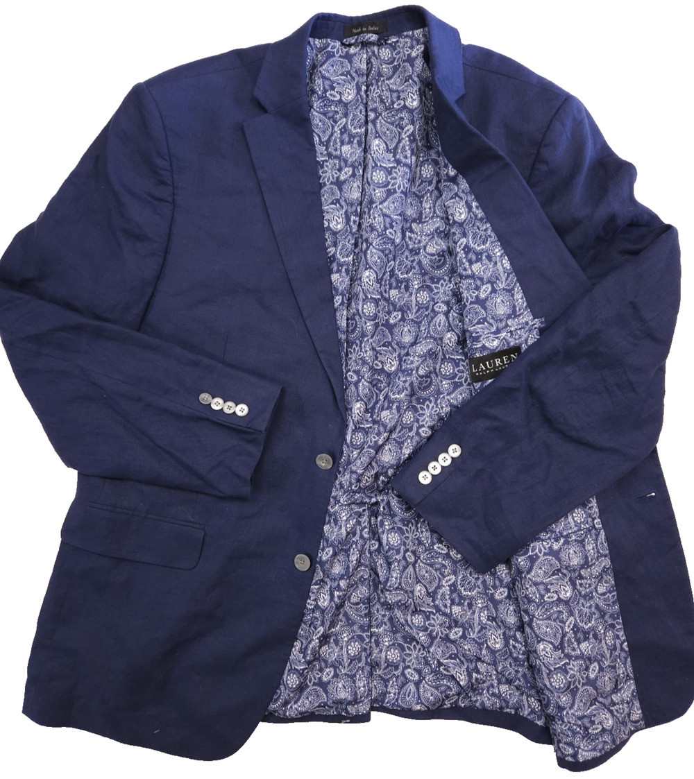 Lauren Ralph Lauren 46L Linen Blazer Blue Paisley Lining Coastal Preppy Summer